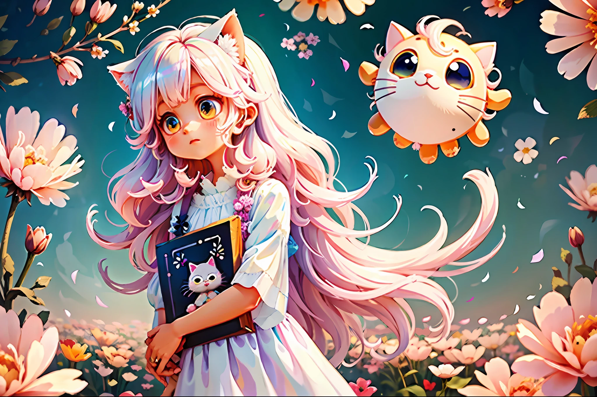 Pink sea of flowers, little fairy white long dress with a cat, best quality, long hairy girl, wavy hairstyle, big eyes girl, animated lighting, C 4 d, OC renderer, 8 k, best quality ,--niji 5,-- Style Expressiveness - Style expression