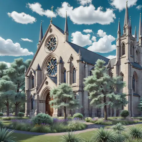 A beautiful Catholic church to the right, in a beautiful landscape, ultra realistic, 8K --auto --s2