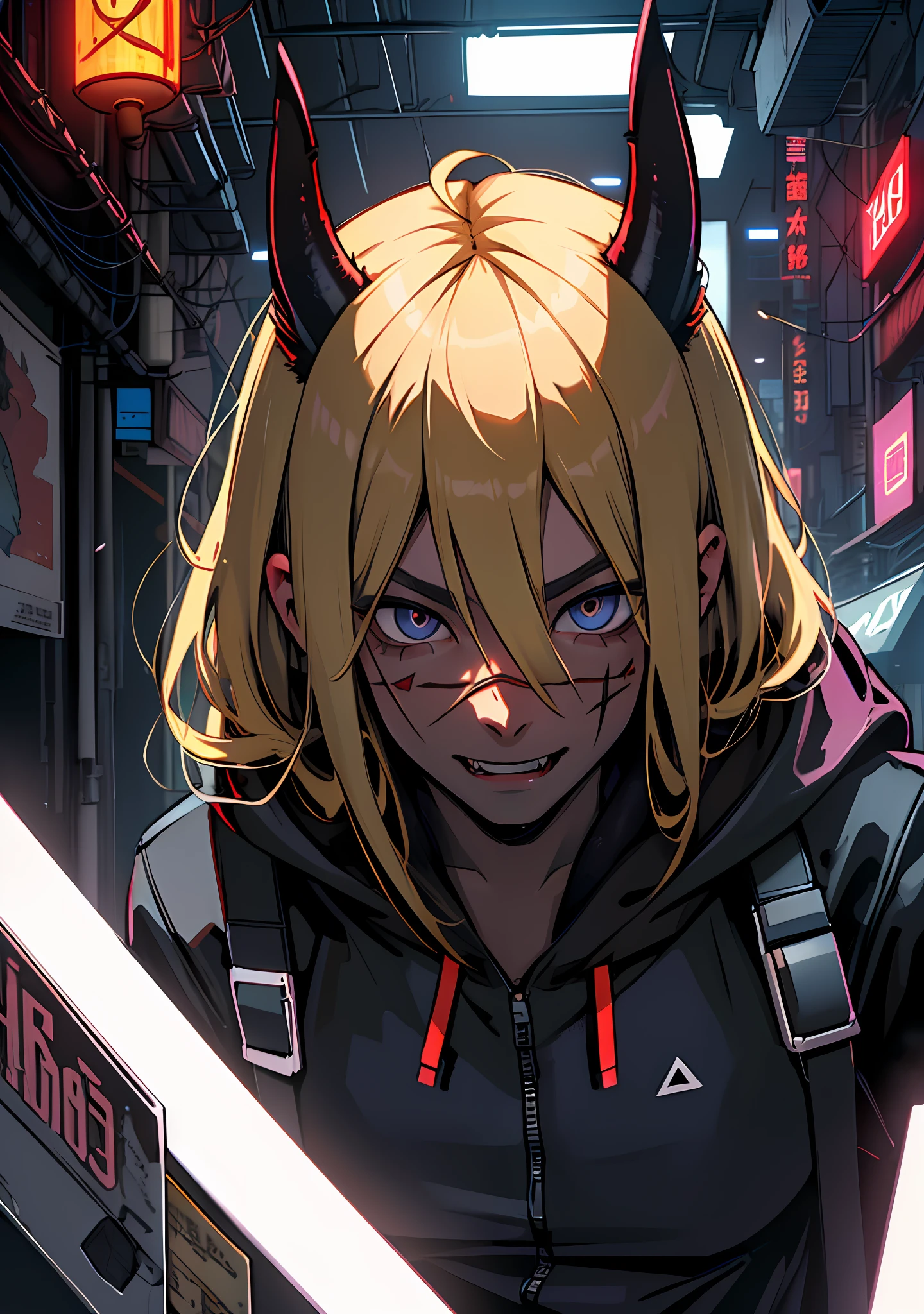 ultra detail, high resolution, ultra detailed, best quality, amazing, top quality, extremely detailed CG 8k wallpaper unit, cinematic lighting, cyberpunk, dark boy, demon with fangs face mask, 1girl, blonde hair, a demon, ears with thin tip, large breasts, hood covering head