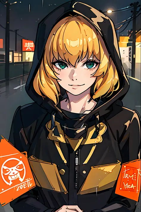 clementine, 1girl, jacket, hoodie, rain, outdoor, sweatshirt, open jacket, chain, backpack, looking at another, short blonde hai...