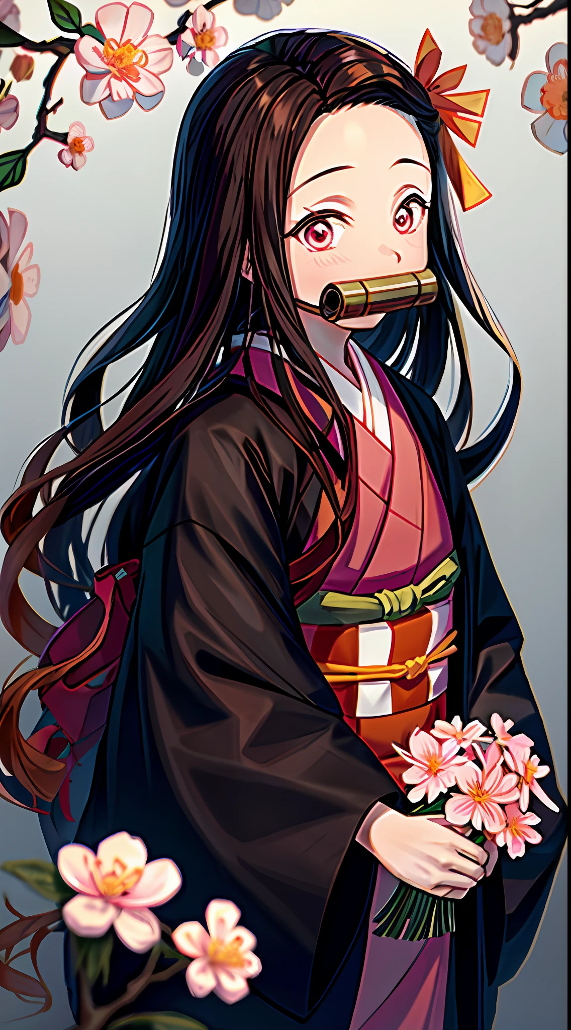 Tsuko Kamato, 1 Mädchen, Bambus, bisschen knebeln, braunes Haar mit orangefarbenem Verlauf, hair Schleife, Haori, japanische kleidung, Kimono, lange Haare, Blick ins Publikum, rosa Augen, pink Kimono with white flowers, pink Schleife, Schleife, Allein, Oberkörper, Anime-Stil