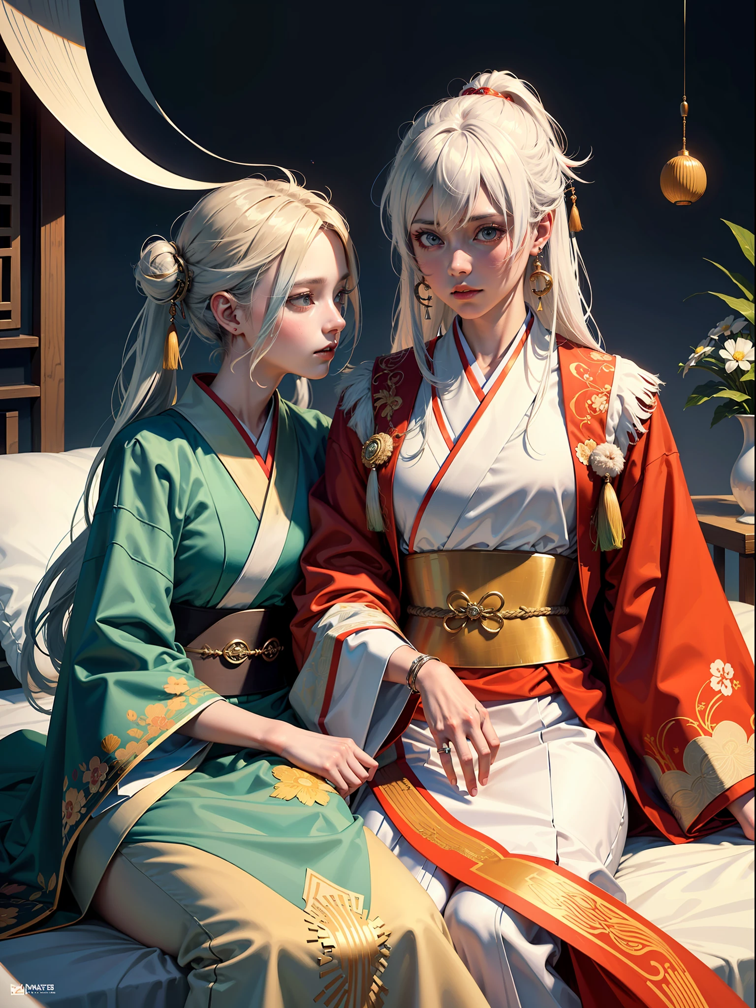 Concept Art, "1 Couple, Male Focus, Fin Ears, Multicolored Hair, Handsome Boy, Long White Hair, Tassels, Bangs, Carp, Colorful, Bold Colors, White Kimono, (Open) Kimono, Traditional Chinese Clothing, Close-up, Intimate Interaction in Bed, Stud Earrings, Rings, Sweat, Illuminate People", Colorful, Master Composition, Focus on Key Figures, Realism, Masterpiece, Award-Standing, Best Quality, Masterpiece, Ultra Detailed, 8K, Extremely Detailed CG Unity 8k wallpaper, complex, highly detailedrealistic