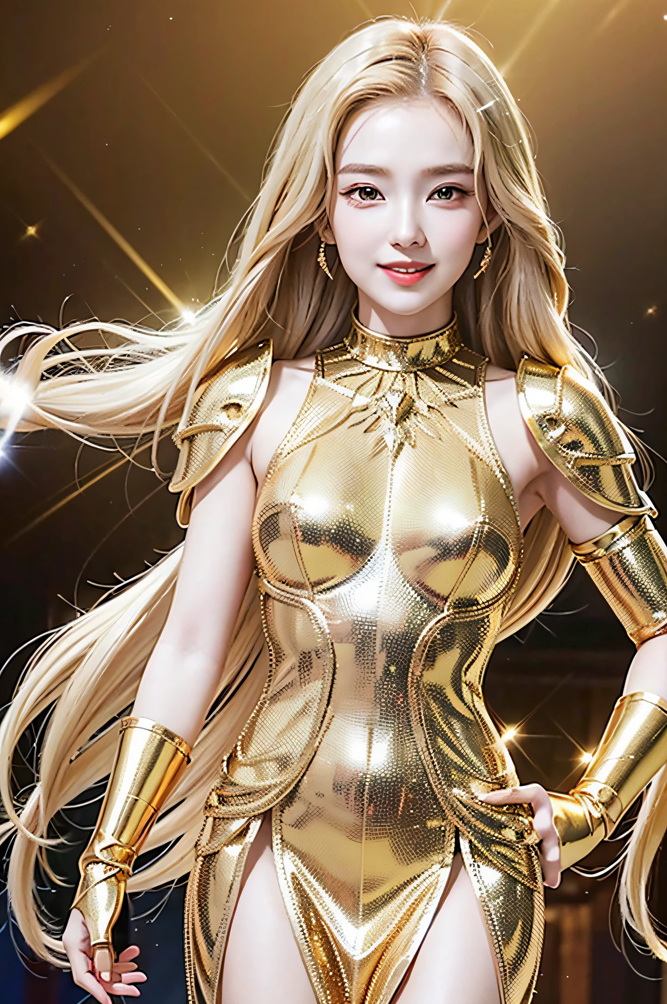 Golden diamond armor, long blonde hair, golden pupils, golden light background, golden transparent wings, diamond texture, smiling, golden eyes, flashing golden notes around, maiden, golden starlight, dazzling