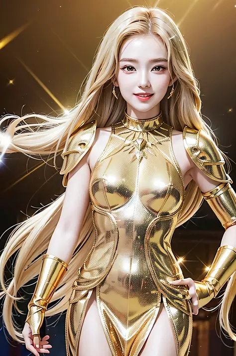 Golden diamond armor, long blonde hair, golden pupils, golden light background, golden transparent wings, diamond texture, smili...
