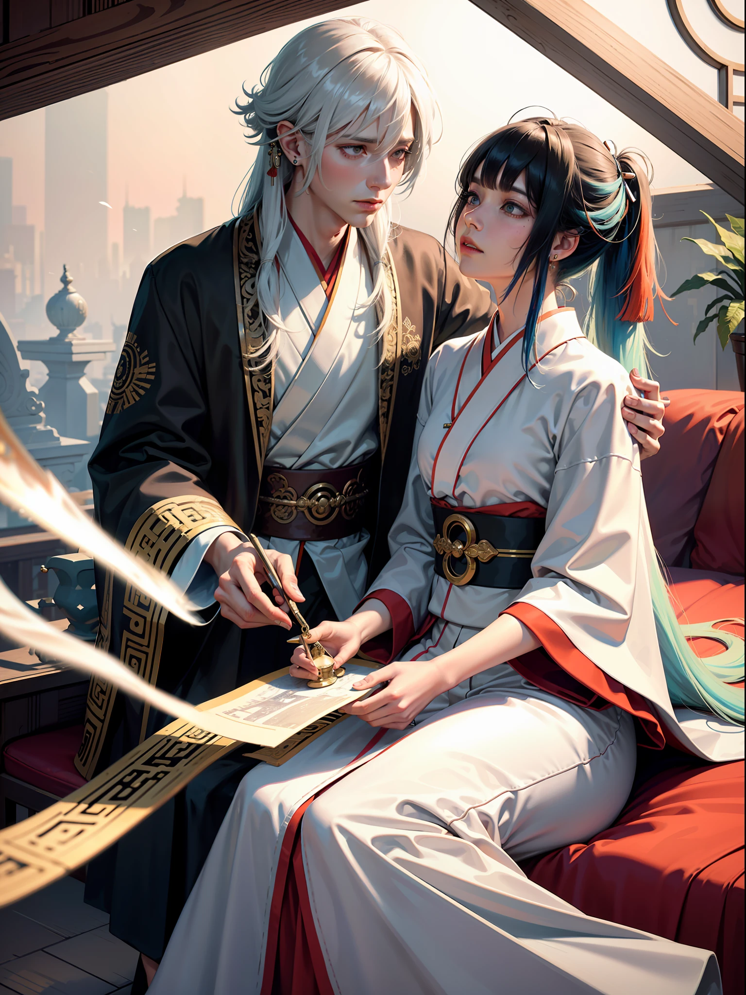 Concept Art, "1 Couple, Male Focus, Fin Ears, Multicolored Hair, Handsome Boy, Long White Hair, Tassels, Bangs, Carp, Colorful, Bold Colors, White Kimono, (Open) Kimono, Traditional Chinese Clothing, Close-up, Intimate Interaction in Bed, Stud Earrings, Rings, Sweat, Illuminate People", Colorful, Master Composition, Focus on Key Figures, Realism, Masterpiece, Award-Standing, Best Quality, Masterpiece, Ultra Detailed, 8K, Extremely Detailed CG Unity 8k wallpaper, complex, highly detailedrealistic