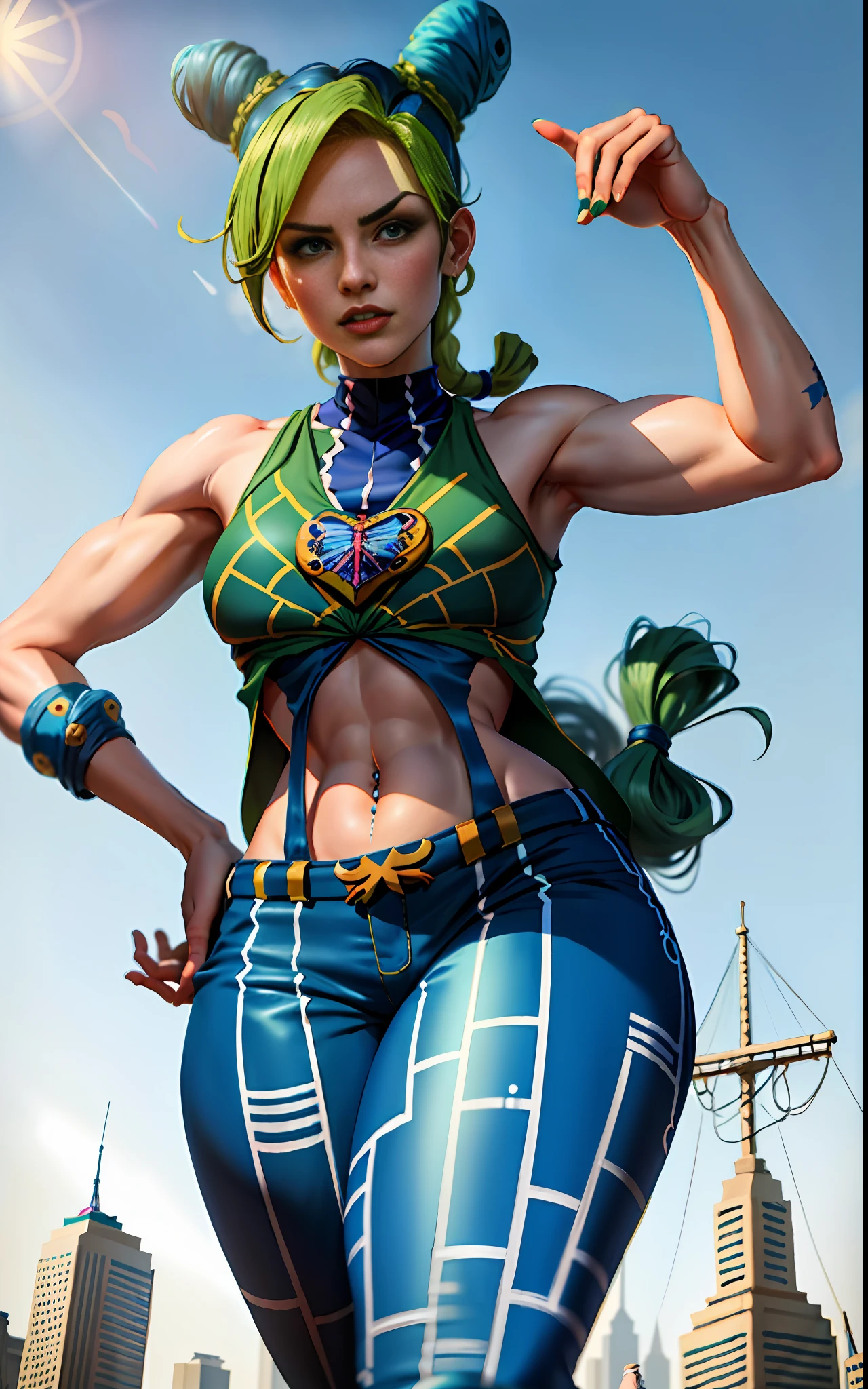 masterpiece, best quality, 1girl, solo, giant, giant, (((towering you)))), (full body), 1girl, jolynejojo, mini people climbing jolyne, digital art, masterpiece , green and blue hair, cropped, sleeveless, wearing pants