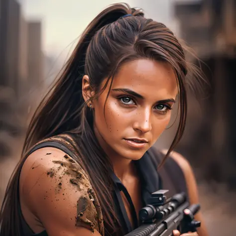 30 years old brunette woman with ponytail hair, holding a sniper rifle, shot by her side in a nuclear apocalypic backgroundm dir...