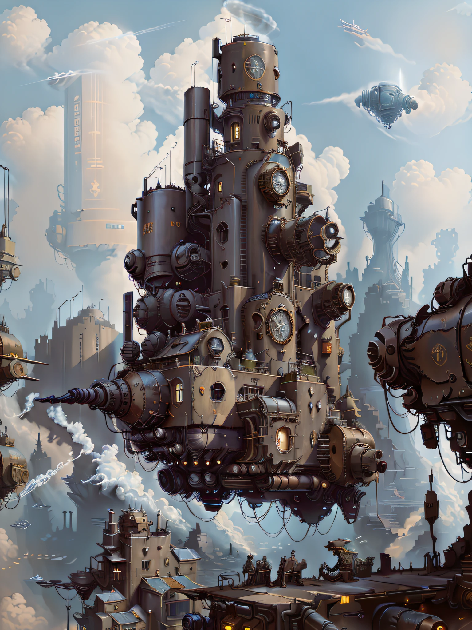 there are many different types of buildings in this picture, in steampunk cityscape, flying cloud castle, a steampunk city, steampunk concept art, steampunk villages castles, victorian steampunk mega city, steampunk city, inspired by Ian McQue, very far royal steampunk castle, steampunk city background, ancient steampunk city, detailed digital concept art, flying ships in the background