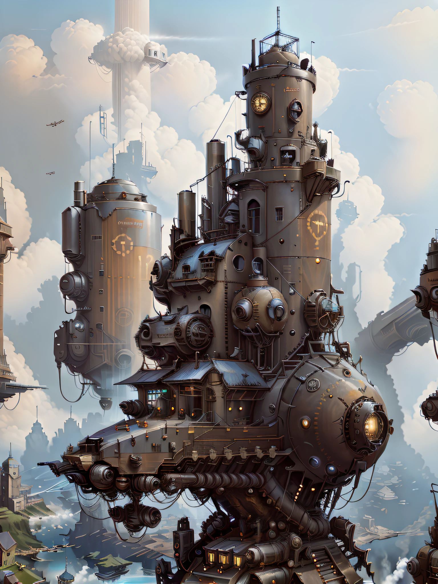there are many different types of buildings in this picture, in steampunk cityscape, flying cloud castle, a steampunk city, steampunk concept art, steampunk villages castles, victorian steampunk mega city, steampunk city, inspired by Ian McQue, very far royal steampunk castle, steampunk city background, ancient steampunk city, detailed digital concept art, flying ships in the background