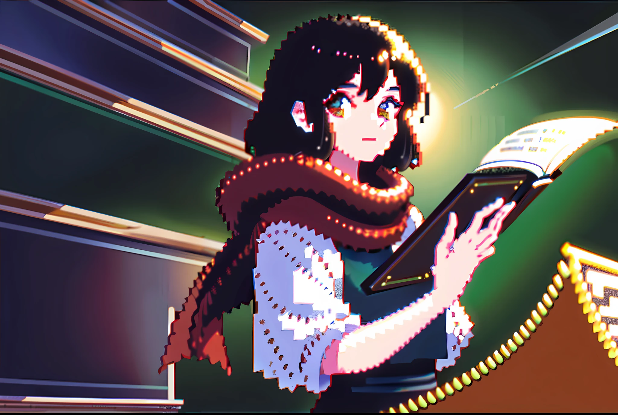 (obra-prima, qualidade superior, melhor qualidade), pixerart, pixel, pixel art, 1girl, black hair, brown eyes, blue clothes, red scarf, writing in a book