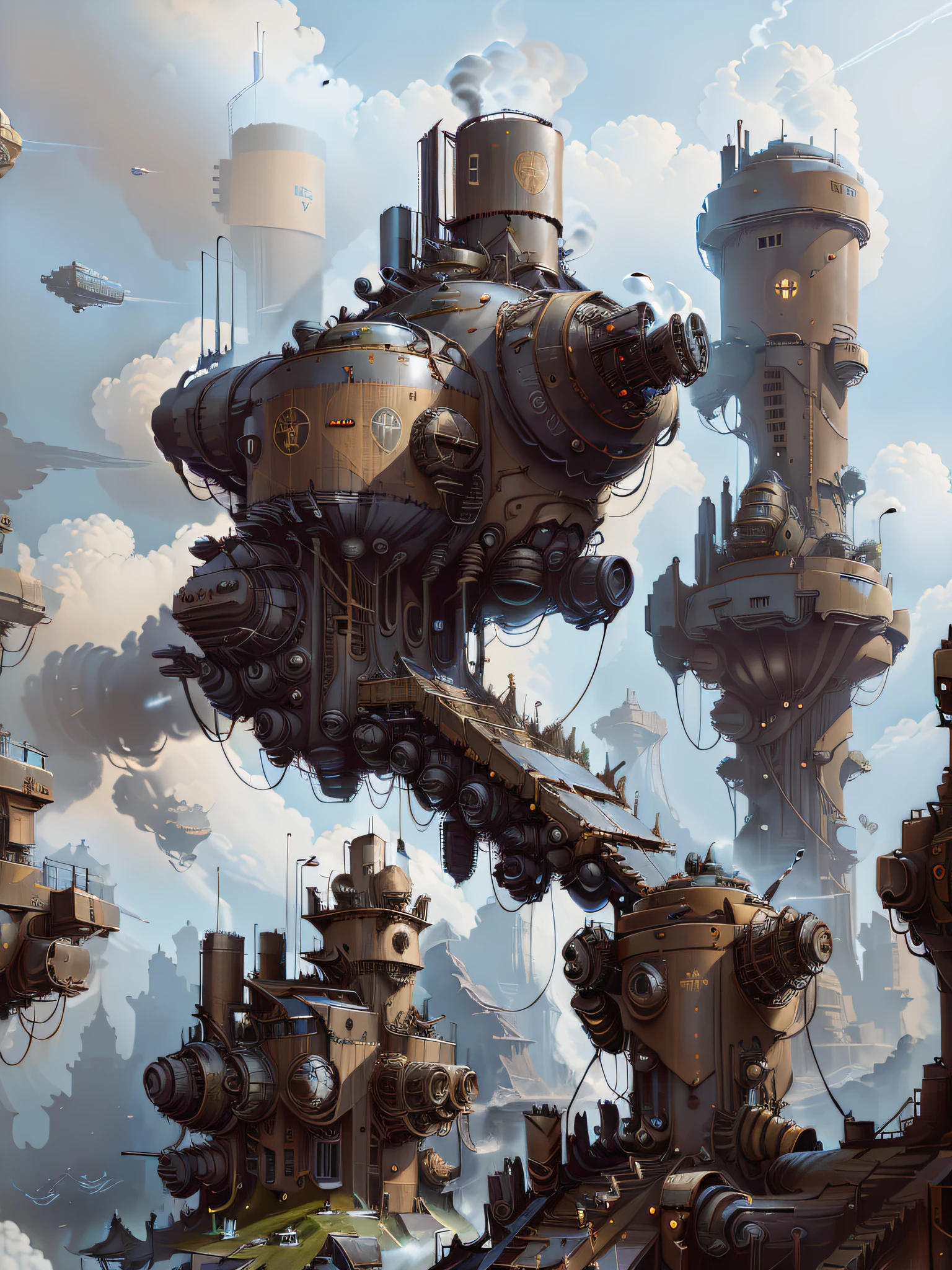 there are many different types of buildings in this picture, in steampunk cityscape, flying cloud castle, a steampunk city, steampunk concept art, steampunk villages castles, victorian steampunk mega city, steampunk city, inspired by Ian McQue, very far royal steampunk castle, steampunk city background, ancient steampunk city, detailed digital concept art, flying ships in the background