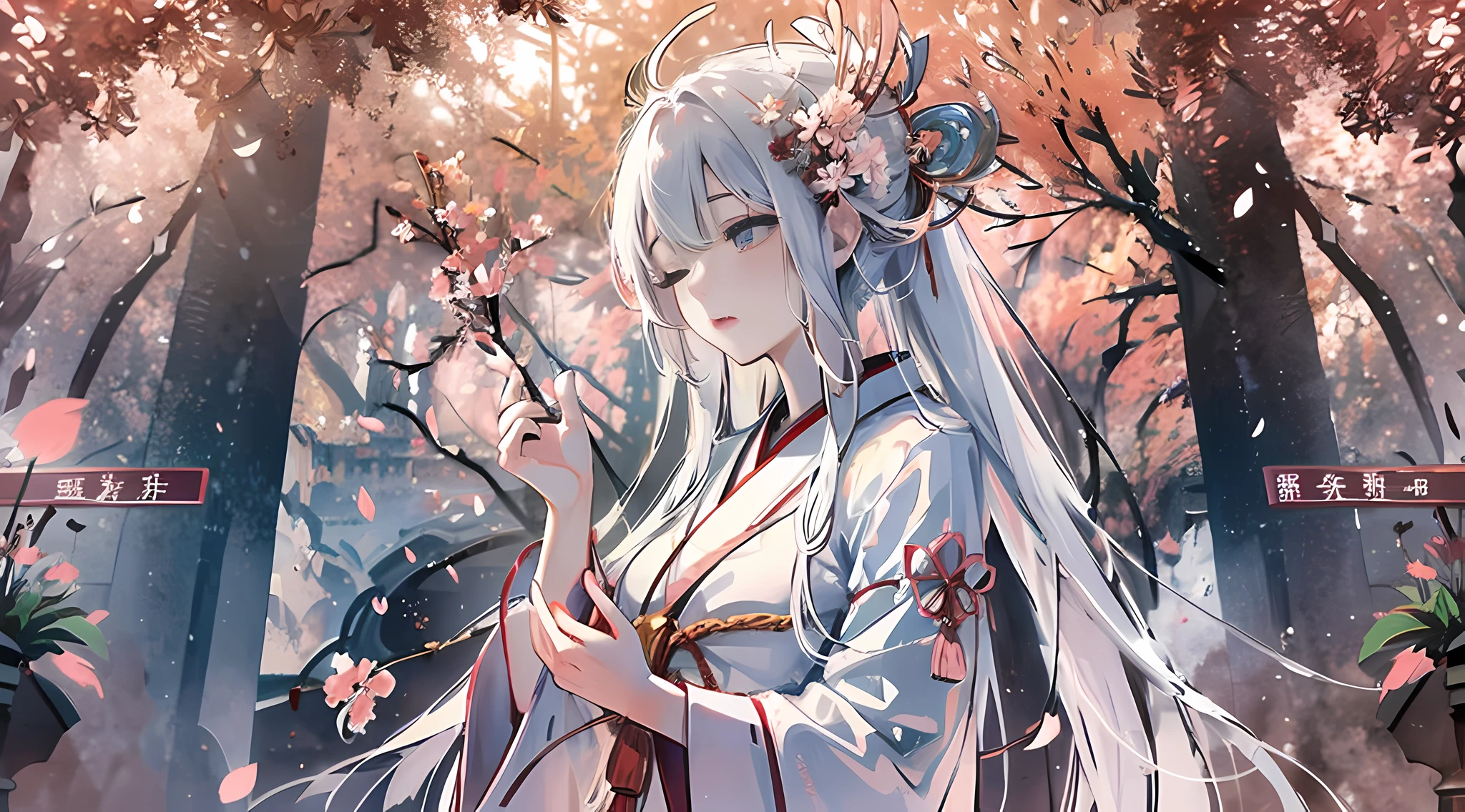white-haired, Japanese shrine maiden, shrine, prayer, cherry blossoms, graceful, serene, flowing white robe, spiritual connection, grace, reverence, sacred space, incense, spiritual ambiance, hands clasped, eyes closed, deep concentration, devotion, belief, delicate, drifting, breeze, pink petals, poetic, ephemeral, transient, beauty, presence, tranquility, spiritual connection, earthly realm, divine, conduit, humans, sacred, enchanting, harmonious, profound, reverence.