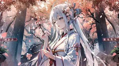 white-haired, Japanese shrine maiden, shrine, prayer, cherry blossoms, graceful, serene, flowing white robe, spiritual connection, grace, reverence, sacred space, incense, spiritual ambiance, hands clasped, eyes closed, deep concentration, devotion, belief...