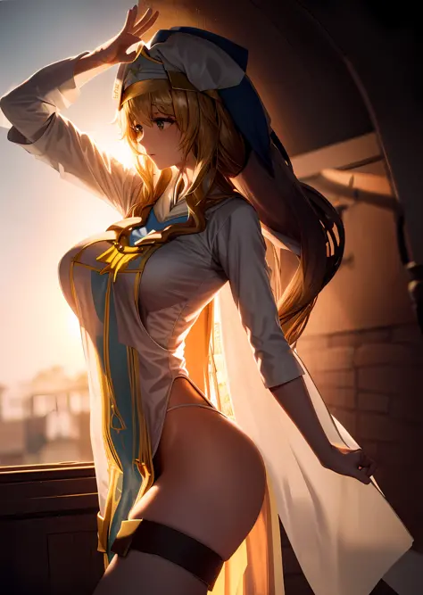 she has the most perfect figure, see-through silhouette, loose sheer lingerie, backlit, golden hour, the sun behind her, (make her the priestess:1.5)