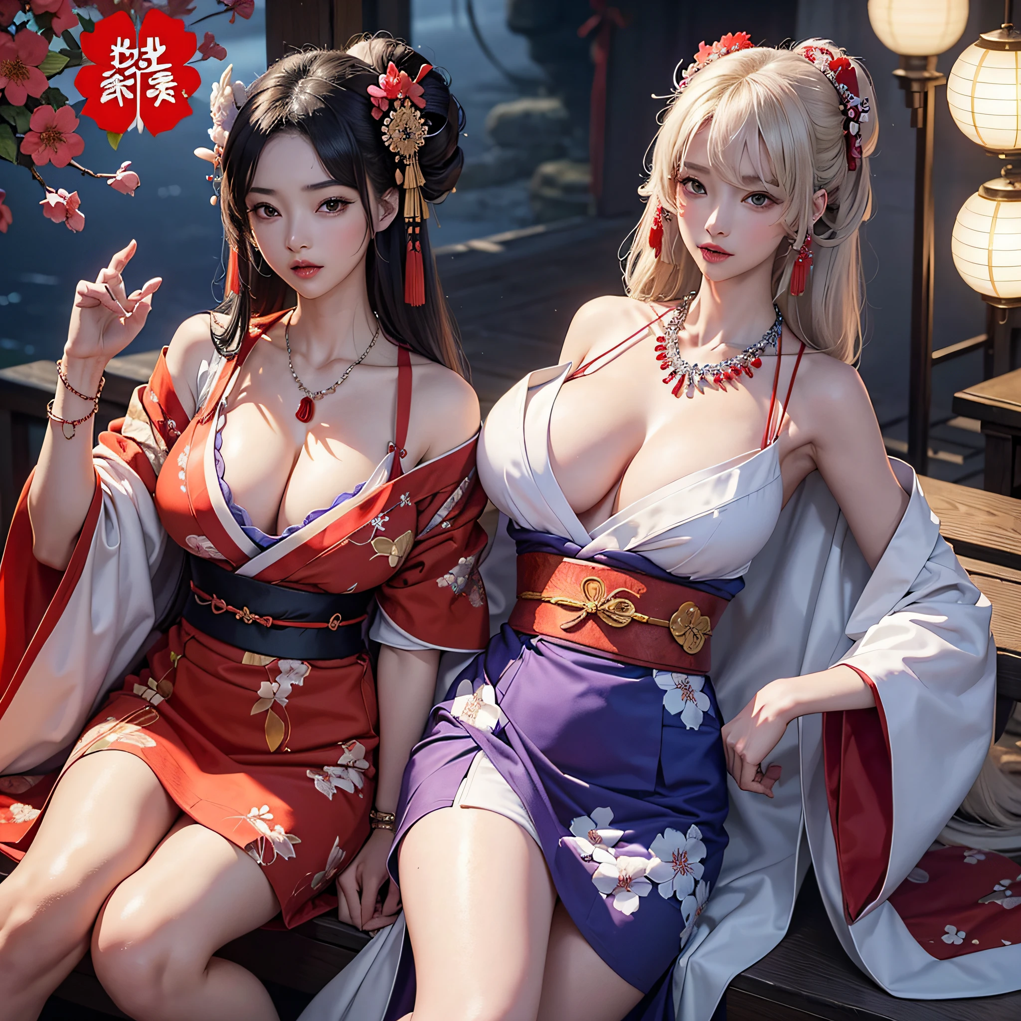 Two women in kimono are sitting on a bench with a flower - SeaArt AI