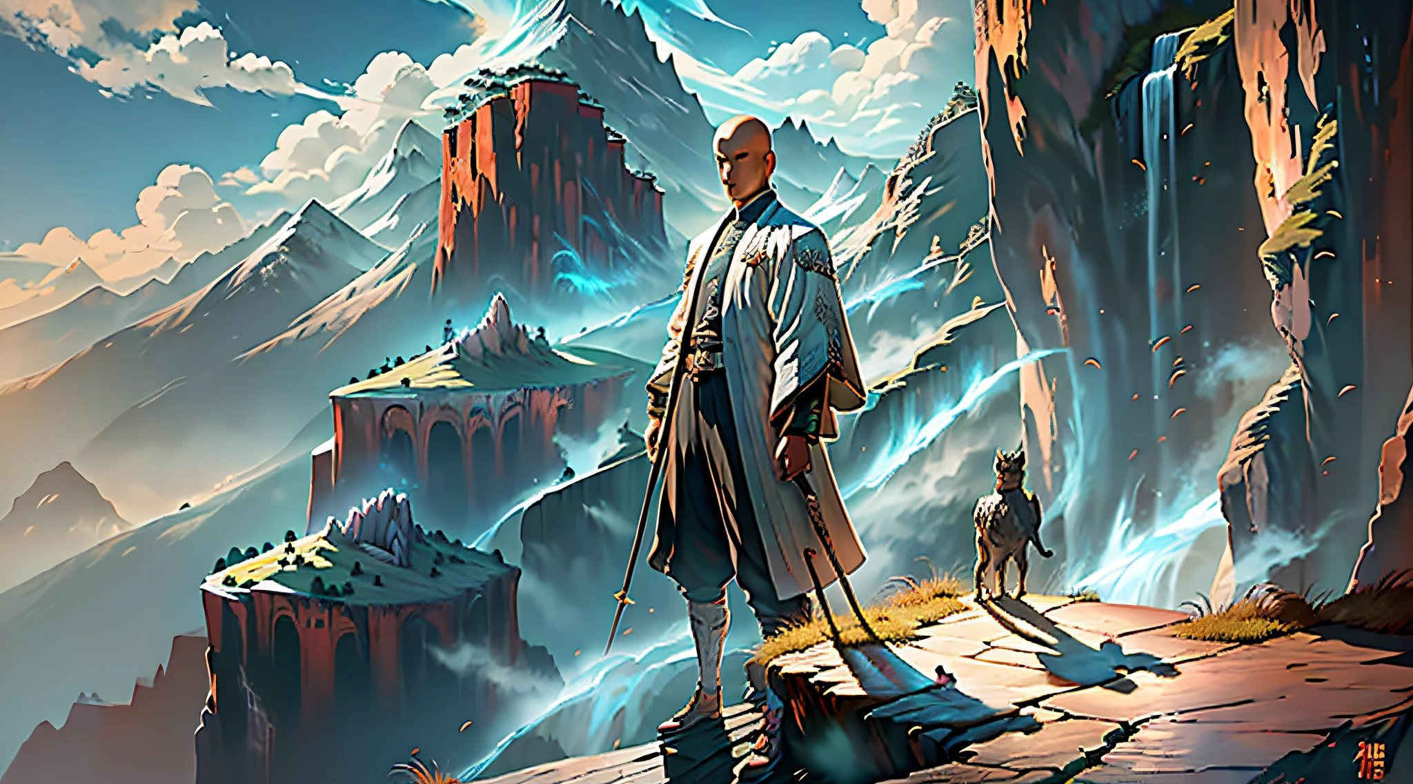 Jiang Liu (20 years old, tall and handsome, bald-headed, smart eyes) standing on a cliff.
Background or scene description: scenery on cliffs, overlapping mountains, changing winds and clouds.
Comprehensive description: Painting style, daytime, sunlight, elevation view, masterpiece, 4K, High Quality, realistic, contrast