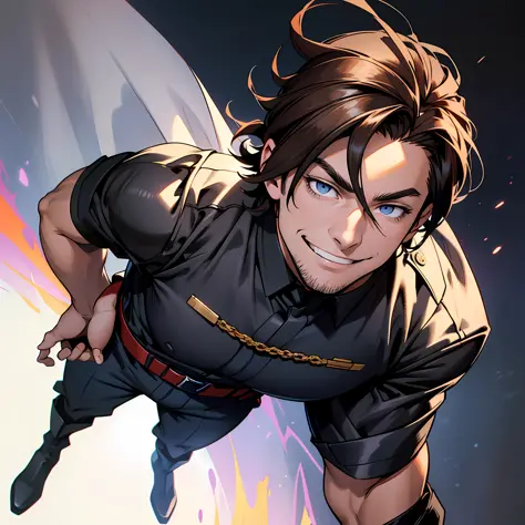 a man with medium brown hair, villain, blue eyes, dark clothes, short sleeve shirt, black pants, military boots, sarcastic smile...