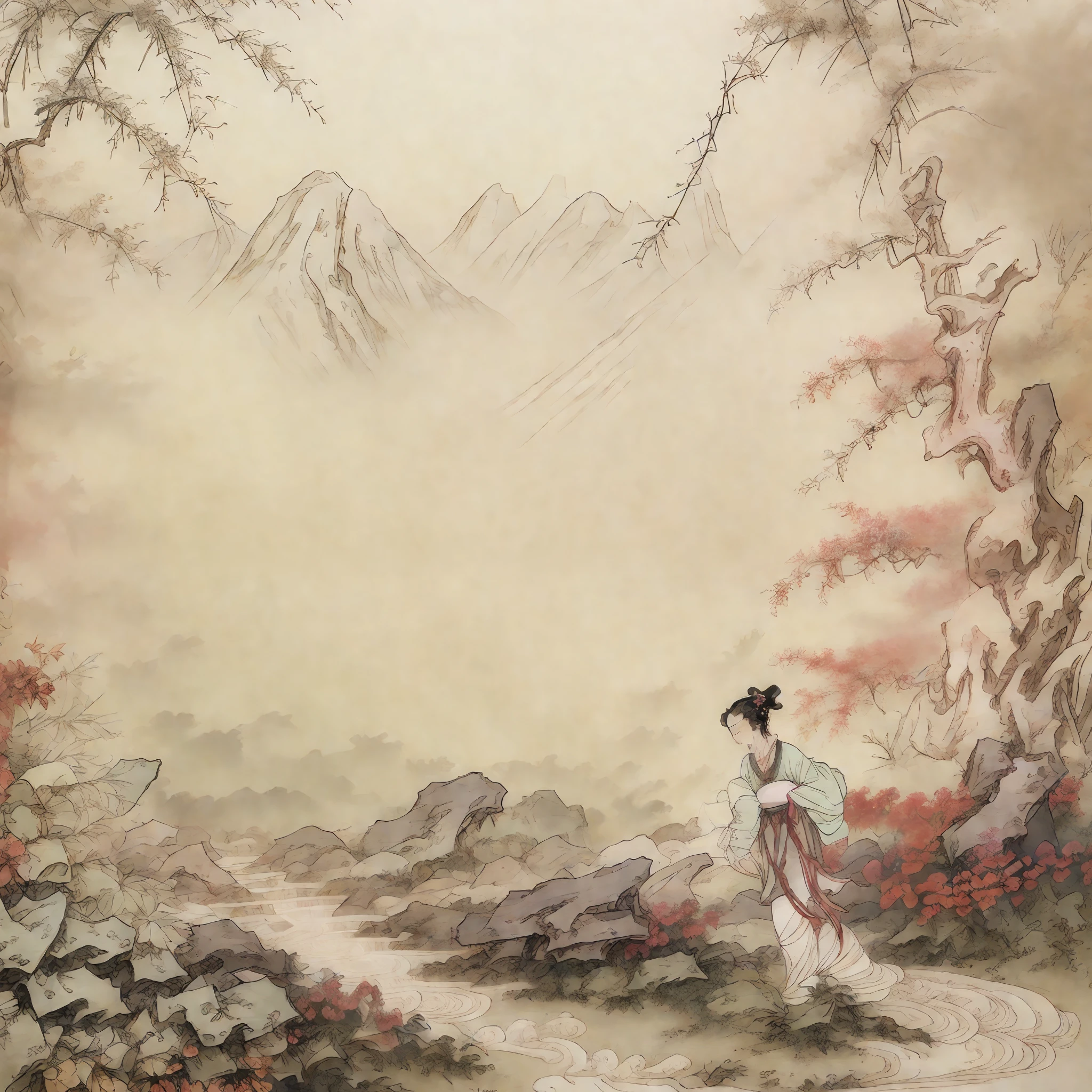 Masterpiece, Superb Piece, (Full Body: 1.3), (((no_humans))), Solo, Chinese Painting, Tang, Perfect Skin, Gorgeous, Pure, Colorful, Clear and Sharp Focus, Instagram Most Watched, Conceptual Artist, Distant Mountains, Depth of Field, Flowers, Shrubs, Running Water, Mist