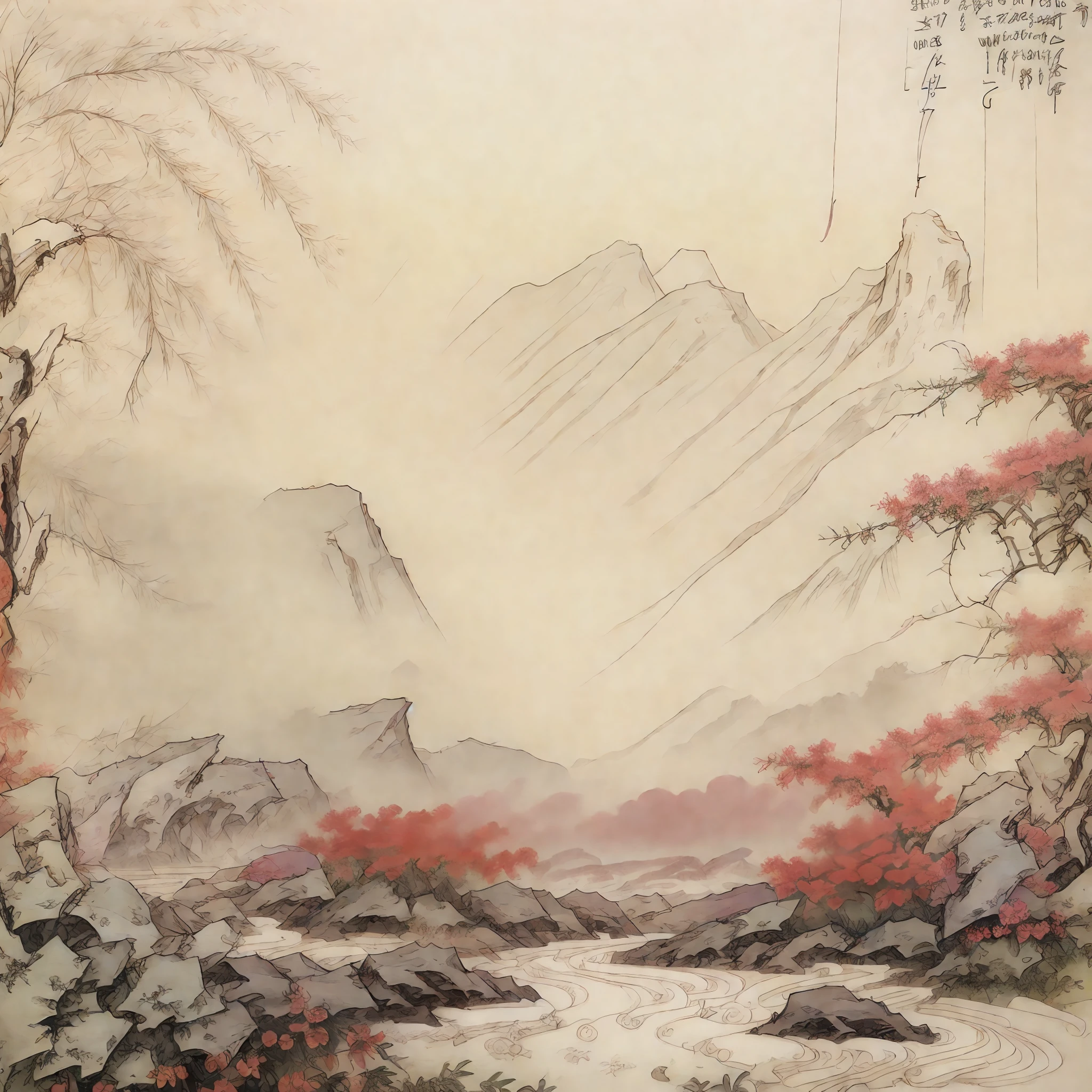 Masterpiece, Superb Piece, (Full Body: 1.3), (((no_humans))), Solo, Chinese Painting, Tang, Perfect Skin, Gorgeous, Pure, Colorful, Clear and Sharp Focus, Instagram Most Watched, Conceptual Artist, Distant Mountains, Depth of Field, Flowers, Shrubs, Running Water, Mist