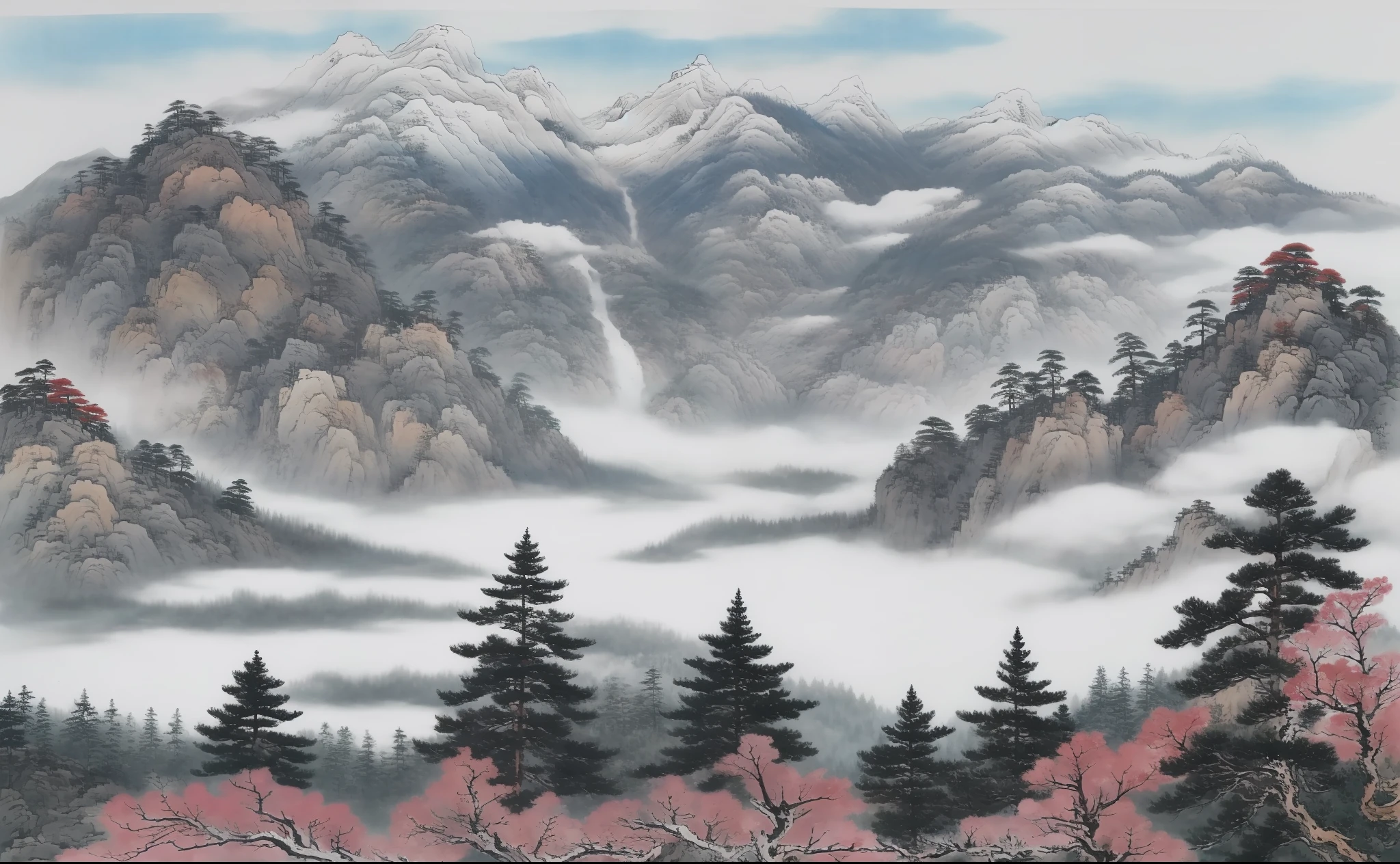 ((masterpiece)), ((best quality)), ((high-res)),((extremly details)), ((Ink wash)), ((artist)), a painting of longly mountain and pine_tree, Branches, phi_humans, outdoor, landscape, birds, Fall,river, Indigo pigment, zulishisong_style_mountains