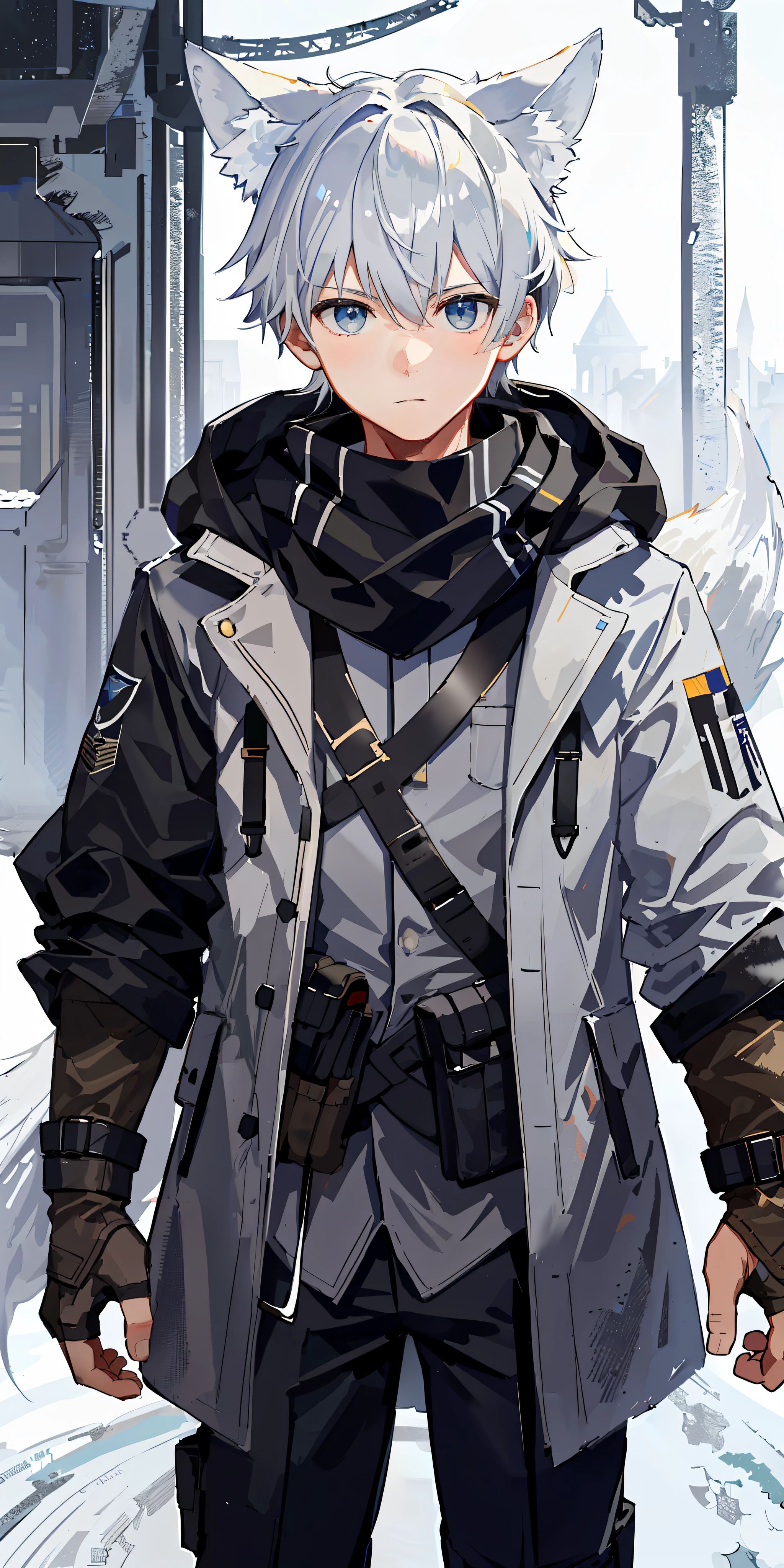 1boy, shota, (HD quality, masterpiece level), fresh and cold teenage characters, wolf ears and wolf tail highlight the character's sense of belonging, blue eyes and dark gray hair echo each other, the clean lines of the white-gray military trench coat show the character's modesty and confidence, brown scarf and black boots are rigid and soft, as if ready to go. The whole picture is simple and atmospheric, and the high and cold temperament is respectful. No background, white screen, slightly fit, HD, masterpiece, white background, dark gray hair, blue eyes, (wolf ears), (wolf tail), slim white gray military trench coat, no hood, brown scarf, black boots, one tail, little boy