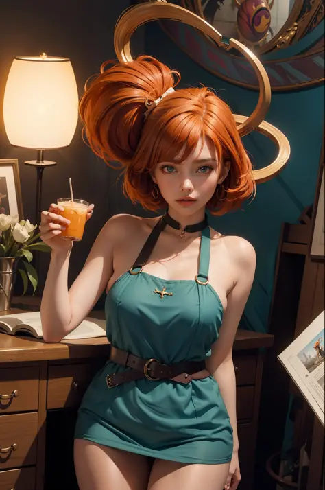 concept art, overhead angle of a Will-o'-the-wisp, wearing Funny Somali Emerald deep orange Pinafore, Caramel hair styled as Sho...