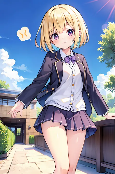 infant figure, shorthair, blonde, light purple eyes, smile,: 3, blazer, mini skirt, park