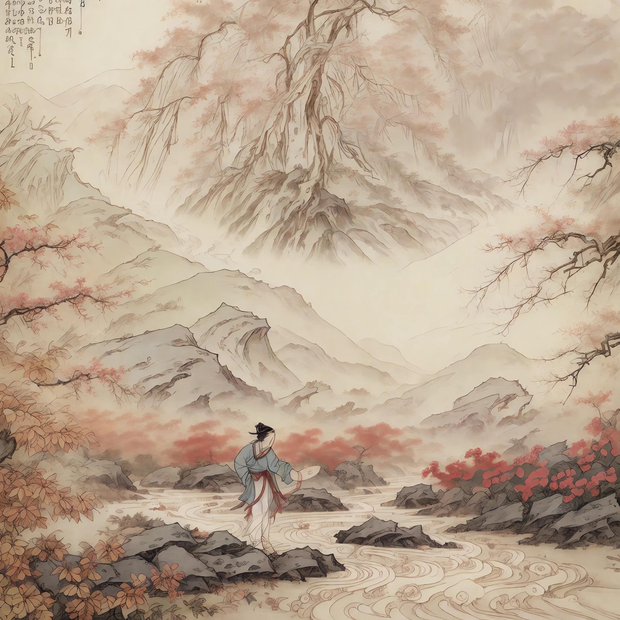 Masterpiece, Superb Piece, (Full Body: 1.3), (((no_humans))), Solo, Chinese Painting, Tang, Perfect Skin, Gorgeous, Pure, Colorful, Clear and Sharp Focus, Instagram Most Watched, Conceptual Artist, Distant Mountains, Depth of Field, Flowers, Shrubs, Running Water, Mist