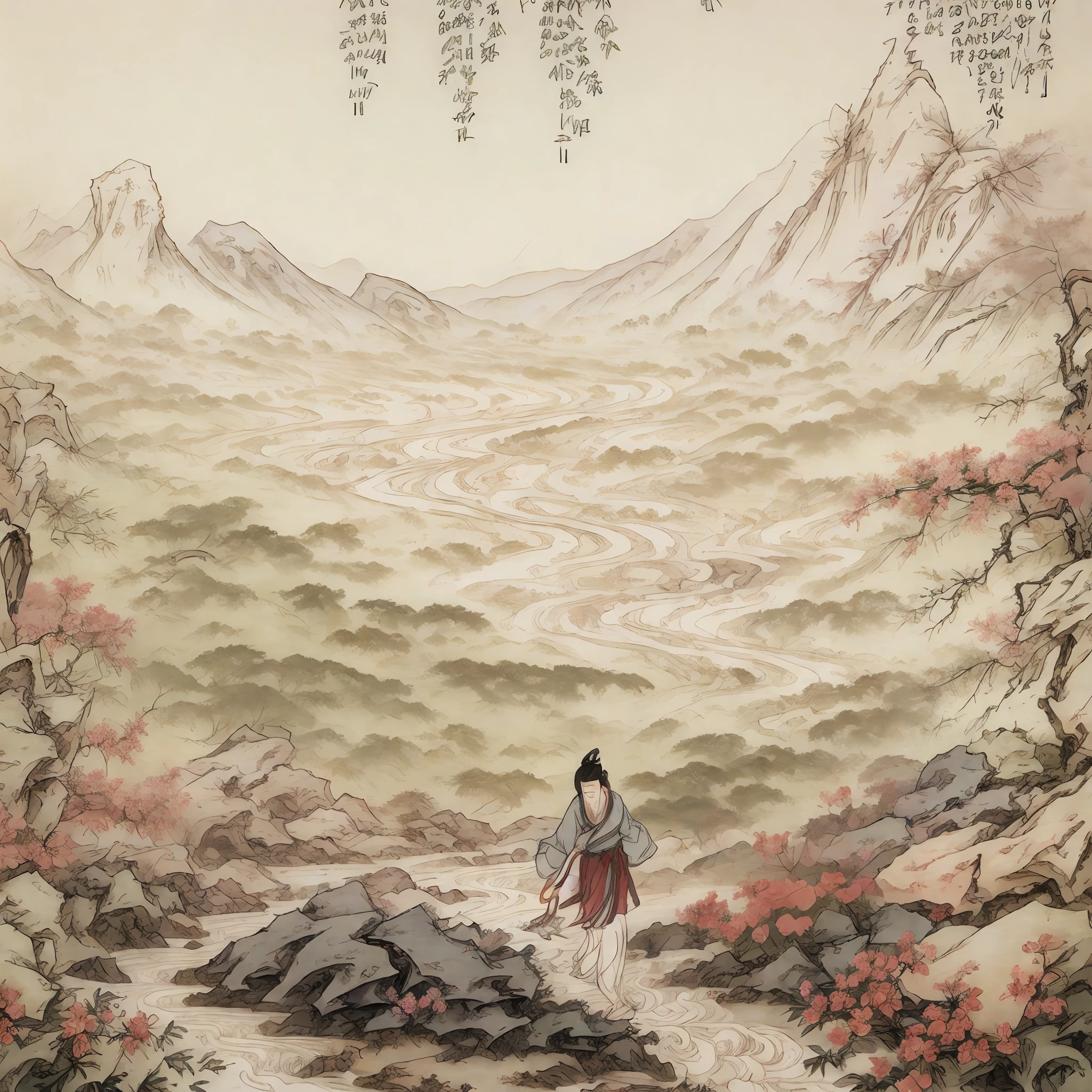 Masterpiece, Superb Piece, (Full Body: 1.3), (((no_humans))), Solo, Chinese Painting, Tang, Perfect Skin, Gorgeous, Pure, Colorful, Clear and Sharp Focus, Instagram Most Watched, Conceptual Artist, Distant Mountains, Depth of Field, Flowers, Shrubs, Running Water, Mist