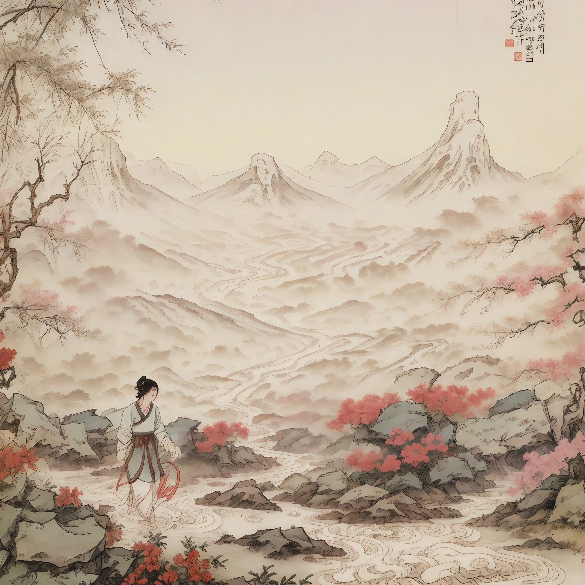 Masterpiece, Superb Piece, (Full Body: 1.3), (((no_humans))), Solo, Chinese Painting, Tang, Perfect Skin, Gorgeous, Pure, Colorful, Clear and Sharp Focus, Instagram Most Watched, Conceptual Artist, Distant Mountains, Depth of Field, Flowers, Shrubs, Running Water, Mist