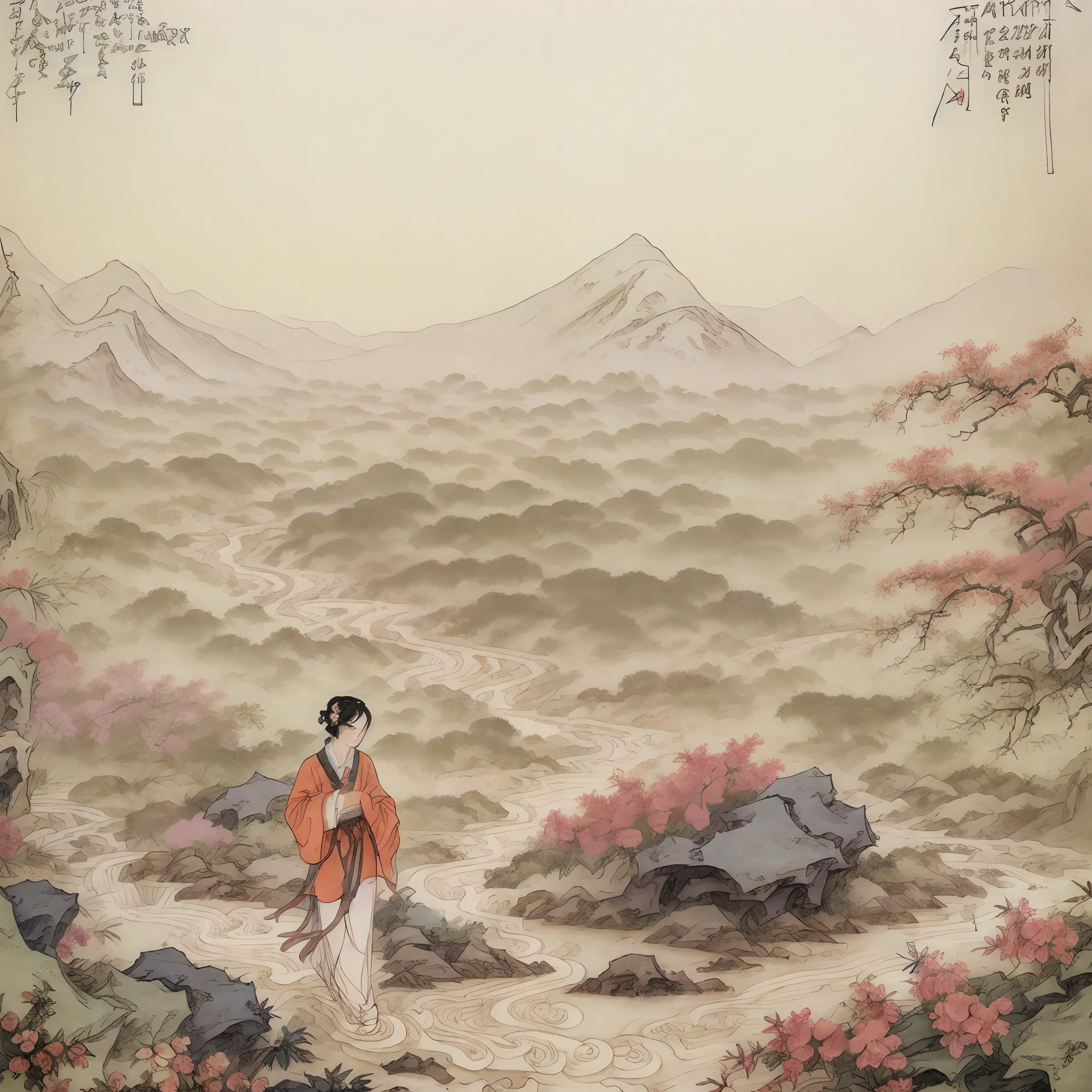 Masterpiece, Superb Piece, (Full Body: 1.3), (((no_humans))), Solo, Chinese Painting, Tang, Perfect Skin, Gorgeous, Pure, Colorful, Clear and Sharp Focus, Instagram Most Watched, Conceptual Artist, Distant Mountains, Depth of Field, Flowers, Shrubs, Running Water, Mist