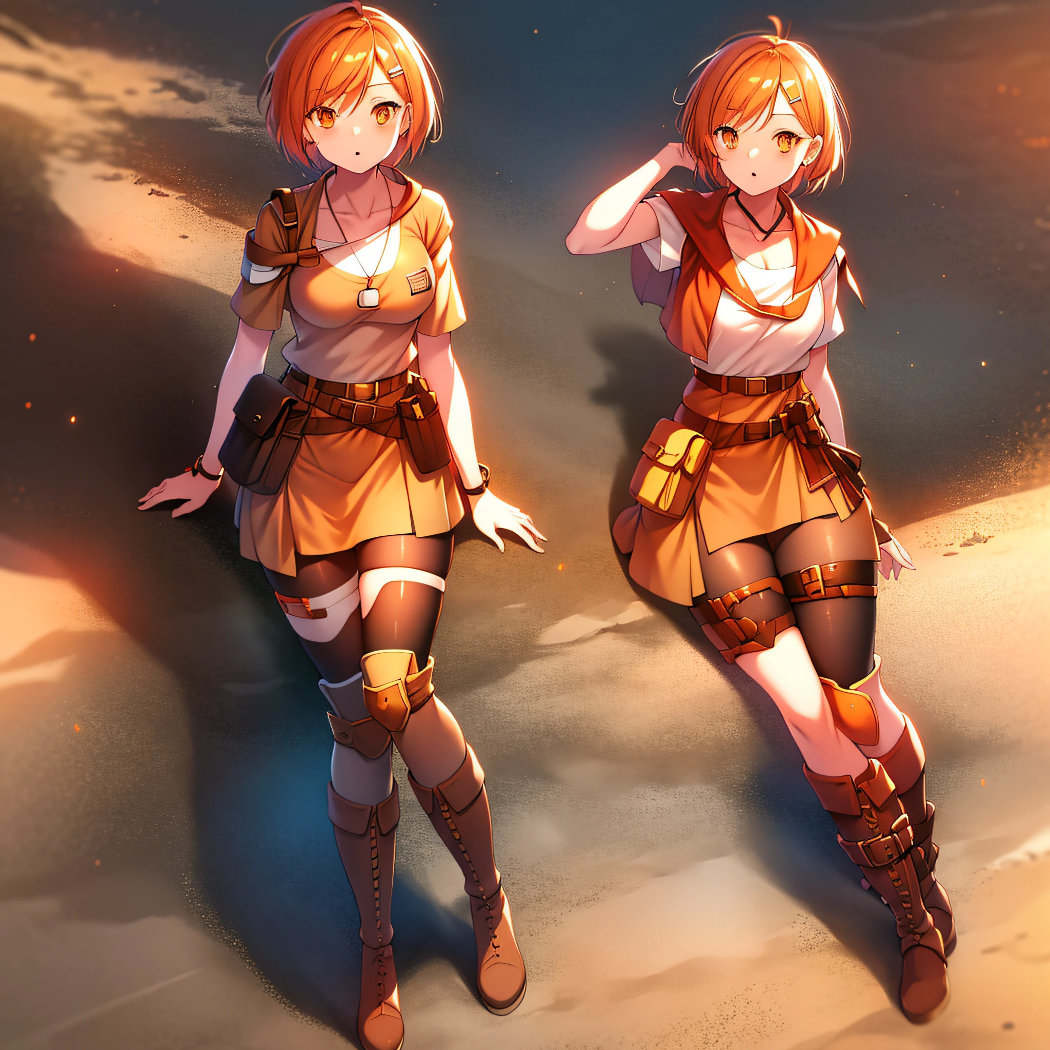 orange eyes light,richly faded light orange hair, anime 1girl, khaki t-shirt, khaki skirt, brown military boots, pouch on the waist belt, khaki bikini, "black tights", "dark_orange knee pad on right leg", night city