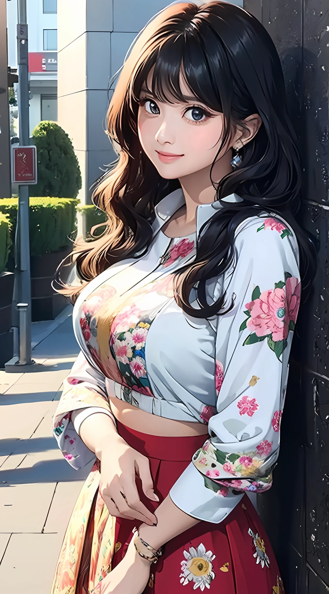 (masterpiece, best quality), beautiful woman, wavy hair, assymetrical bangs, printed blouse, skirt, perfect face, beautiful face, alluring, big gorgeous eyes, soft smile, perfect slim fit body, city streets, (outdoor), seoul, bright colors