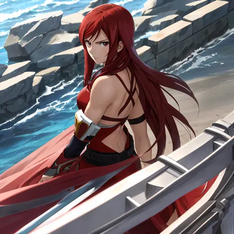 1girl, solo, erza scarlet, fairy tail, red hair, brown eyes, long hair, looking at viewer, serious, close-up, closed mouth, musc...
