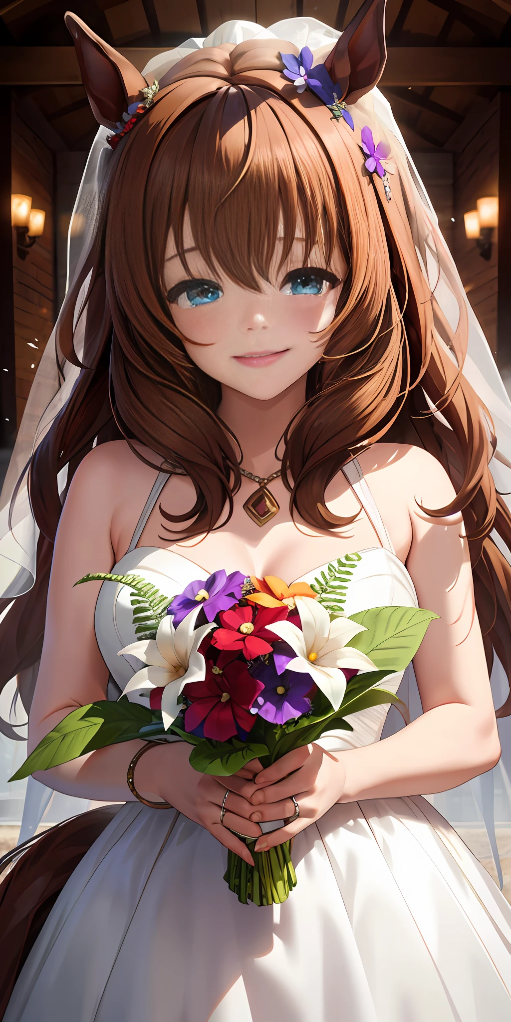 Masterpiece, Best Quality, High Definition, Maruzensky (Uma Musume),horse ears,horse tail, wedding dress,veil,wedding hall,holding wedding flower,happy,crying with joy,upper body,