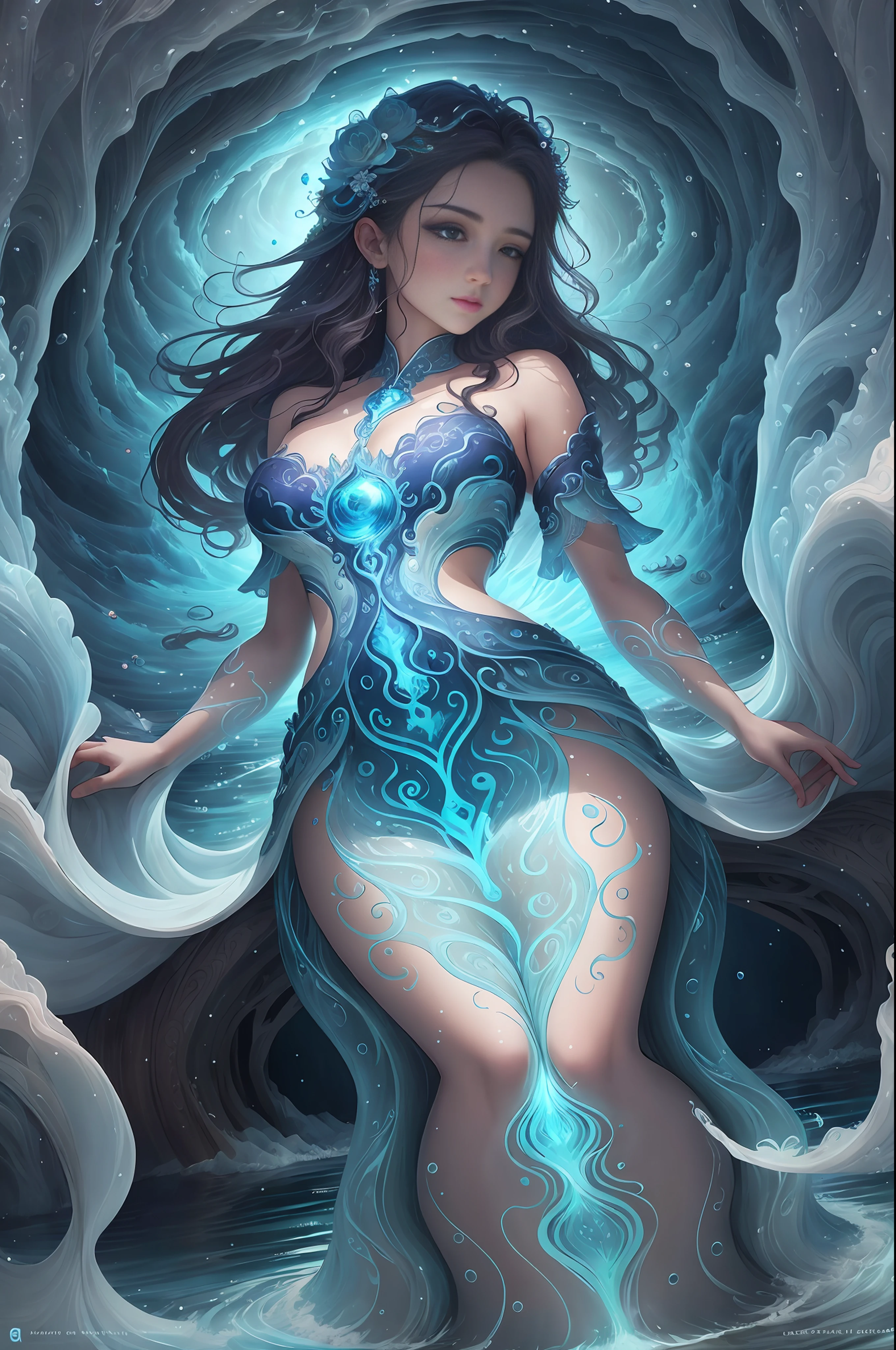 Water spirit in the form of a girl in attractive costume, born from natural rivers, lakes and seas, living in the flow and waves of water, guardian of water

It is a symbol of pure water, a source of life, and a symbol of purification and rebirth.

Have shades in harmony with nature, such as blue, light blue, and transparent.

It is shaped like a stream of water or waves, and is represented like a fairy living by a beautiful waterside.

It can change its appearance depending on the flow of water.

There is a backdrop depicting beautiful rivers, lakes and the sea

Hope to protect water resources and restore clean water, detailed beautiful face and eyes, big buttocks, bright white background, simple background, seen from below, masterpiece, highest quality, highest quality, official art, beautiful aesthetic, surreal, beautiful face, healthy figure, novel and unique style, beautiful hair, smooth skin, baby face