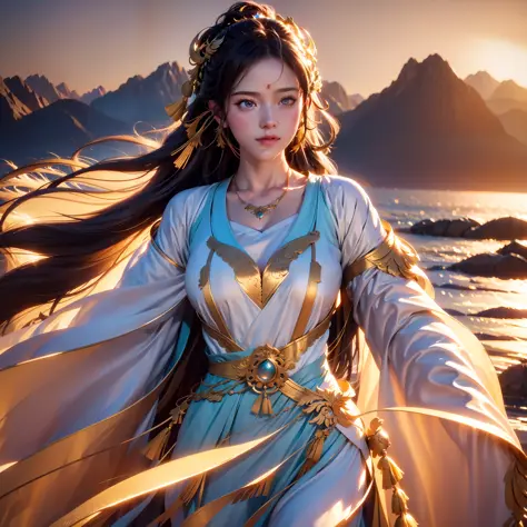 A sea of golden clouds, Surrounded by mountains, Classical antique girl, motion blur, cinematic lighting, best quality, 4K