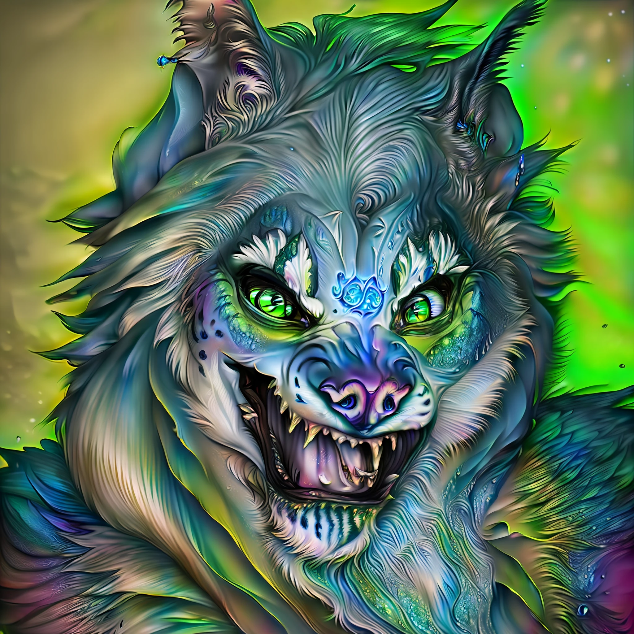 (шедевр, лучшее качество), spotted hyena, protruding tongue, head, portrait of animal, blue-green Mohawk, psycho smile, evil look, 8 fangs, fluffy ears, drawing, tattoo,