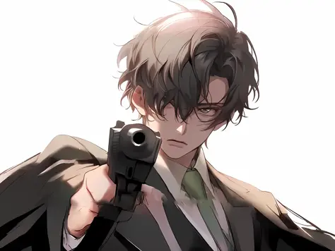 anime image of a man in a suit holding a gun, trigger anime artstyle, handsome anime pose, with pistol, he has a pistol!!, kawac...