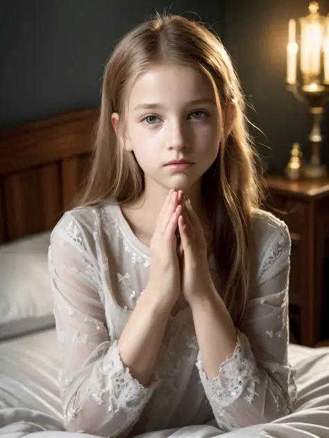 Portrait of a young girl of 18 years beautiful beautiful face perfect petit teen, she is happy, very beautiful Russian, praying, in bed, (private study dark, dark and grumpy light: 1.2)