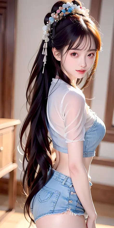 bust, masterpiece, black_hair, 1 girl, long_hair, long hair, ponytail, wearing white shirt, blue denim shorts, black silk, Chine...