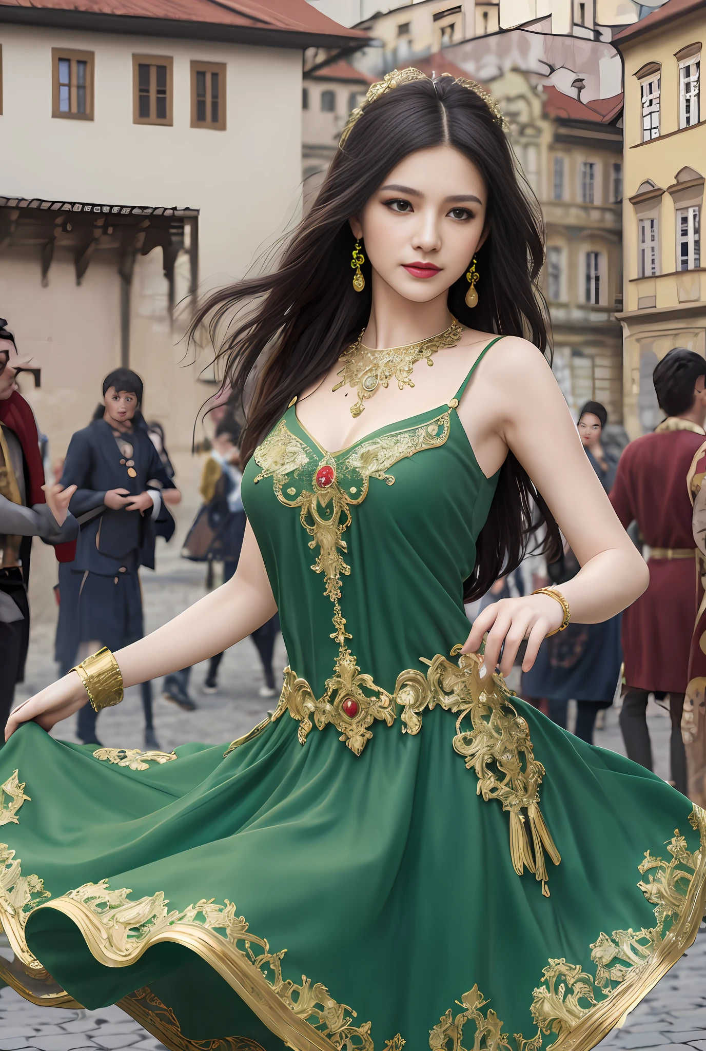 (masterpiece, best quality, realistic),
1girl,Prague Old Town Square background, gypsy dress, dancing, intricate, dark green dress, gold, gypsy person, banquet, crowd, picking up skirt,pale skin,
[slight smile],