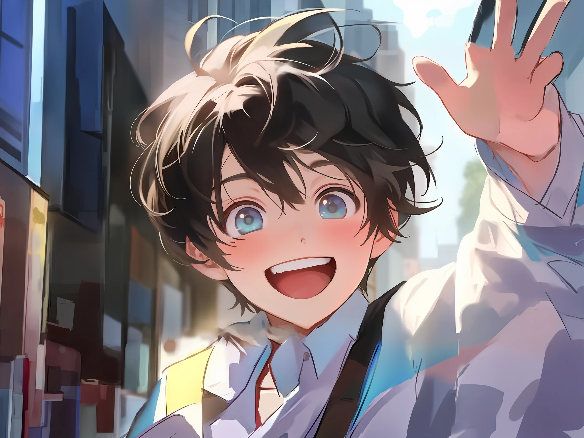 Anime boy with blue eyes waving in the street - SeaArt AI