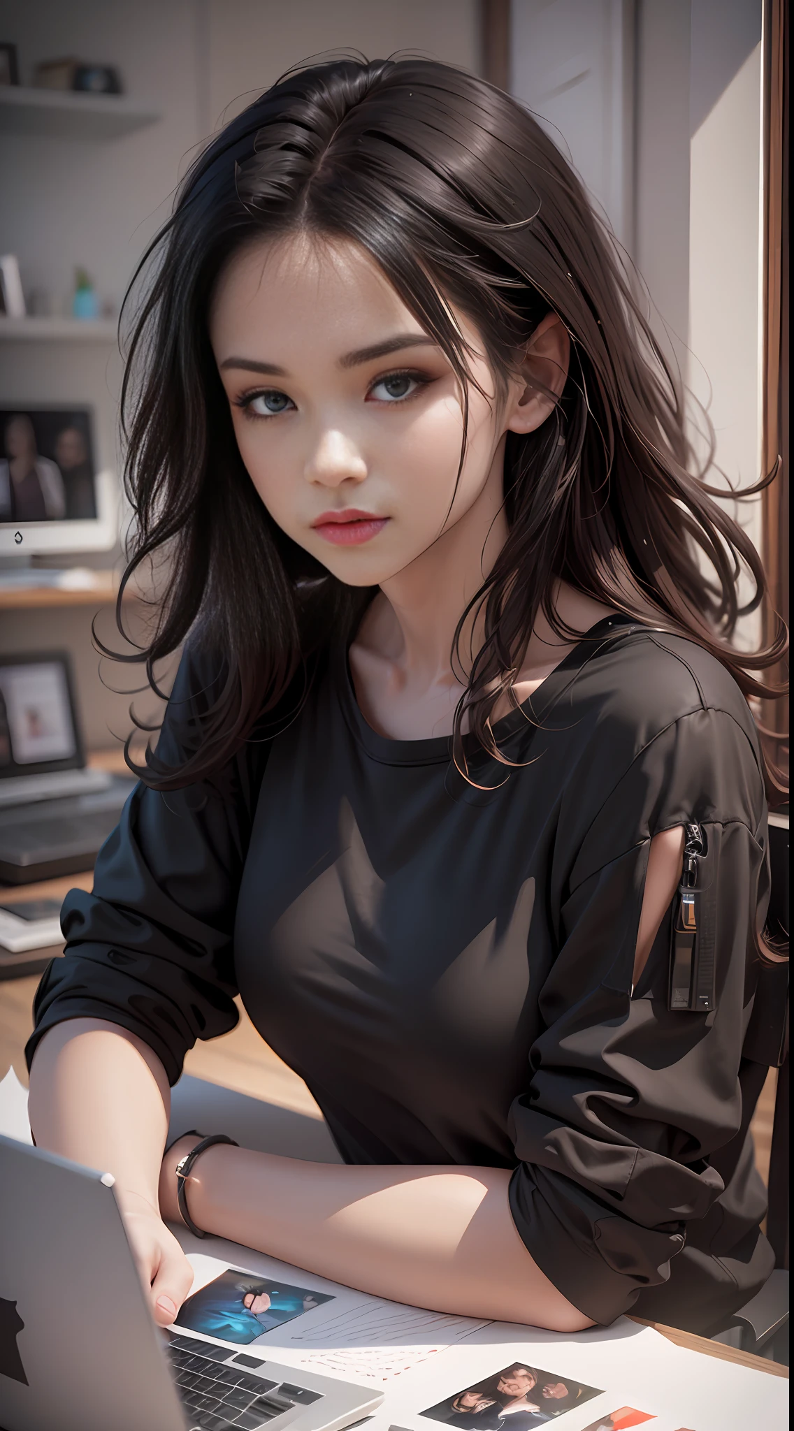 ``ein Mädchen  (25 Jahre) Schwarzes Hemd posiert für ein Foto ,(schwarzes, abgehacktes Haar), Fotorealismus, Computergrafik, Artgerm,  digitale Kunst --auto --s2