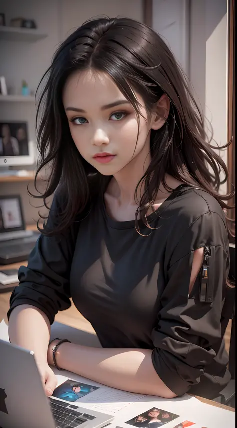 ``a girl  (25yrs) black shirt is posing for a picture ,(black choppy hair), photorealism, computer graphics, Artgerm,  digital a...