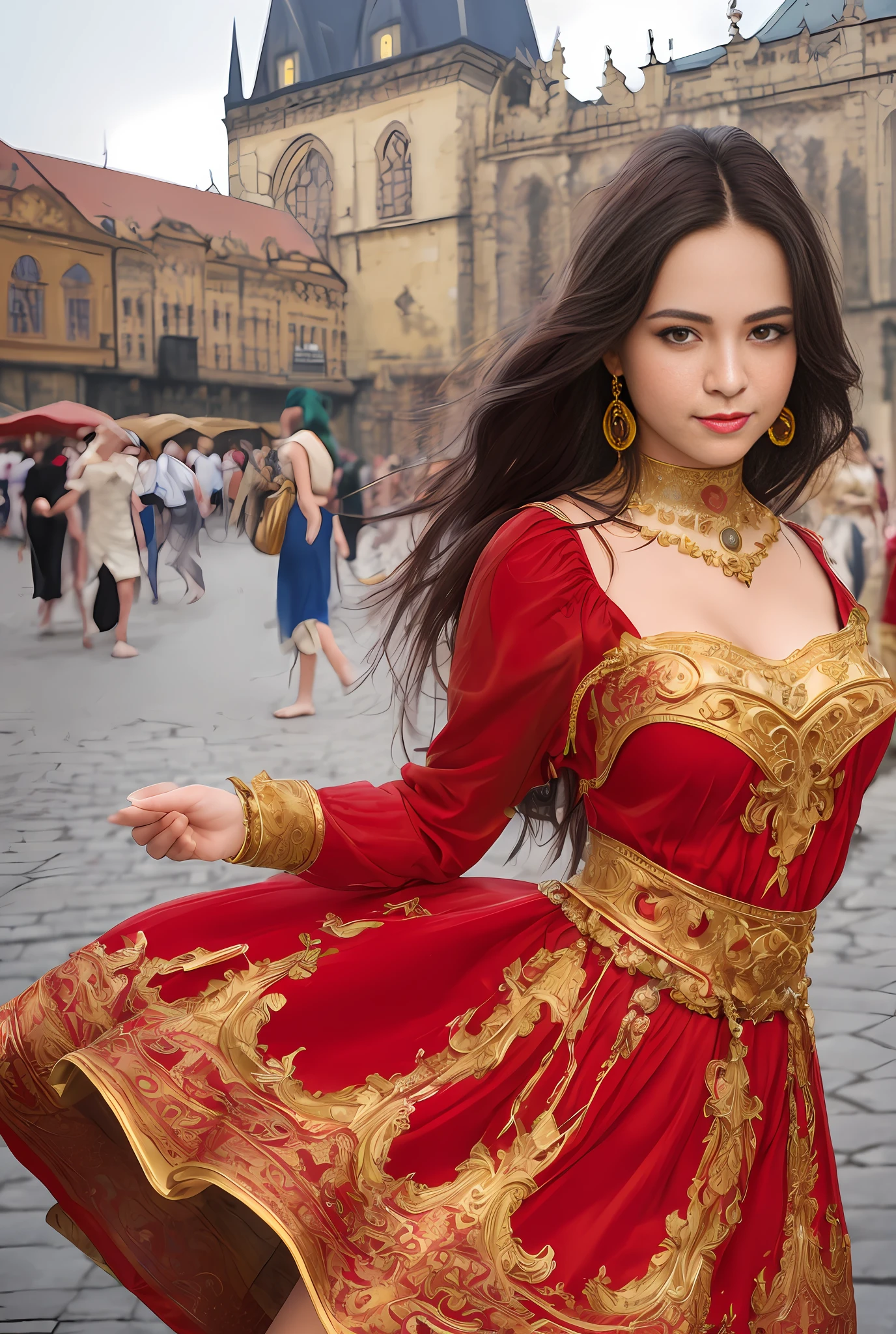 (chef-d&#39;œuvre, Meilleure qualité, Réaliste),
1fille,Fond de la place de la vieille ville de Prague, robe gitane, dansant, complexe, robe rouge foncé, or, personne gitane, Banquet, foule, ramasser la jupe,peau pâle,
[léger sourire],