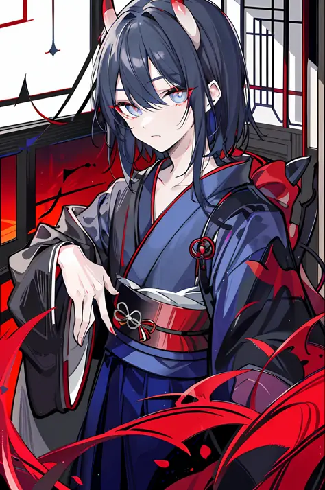 young man alone, male, demon horn, male kimono, blue with one eye, gray eyes, odd-eyed, black hair, double teeth, indoors, myste...