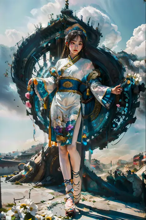 Zhong Fenghua, 1 girl, (full body:1.5) ,solo, hanfu, flower field, blossom, (white smoke:1.3) (realistic:1.4), zen entanglement,...