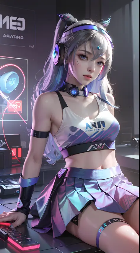 (((((7 avatar shot)))), Silver Wolf, Masterpiece, Best Quality, Ultra Detailed, Extremely Detailed 16k CG Wallpaper, Beautiful Face, (Silver Wolf in Esports Room), (Perfect Beautiful Curved Figure), Seated, Rainbow Color Jewel Eyes, Wearing Resin Hologram ...