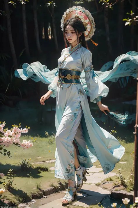 Zhong Fenghua, 1 girl, (full body:1.5) ,solo, hanfu, flower field, blossom, (white smoke:1.3) (realistic:1.4), zen entanglement,...